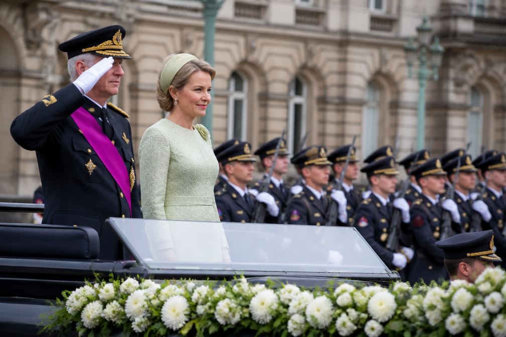 Koning Filip en koningin Mathilde nemen defilé af op nationale feestdag