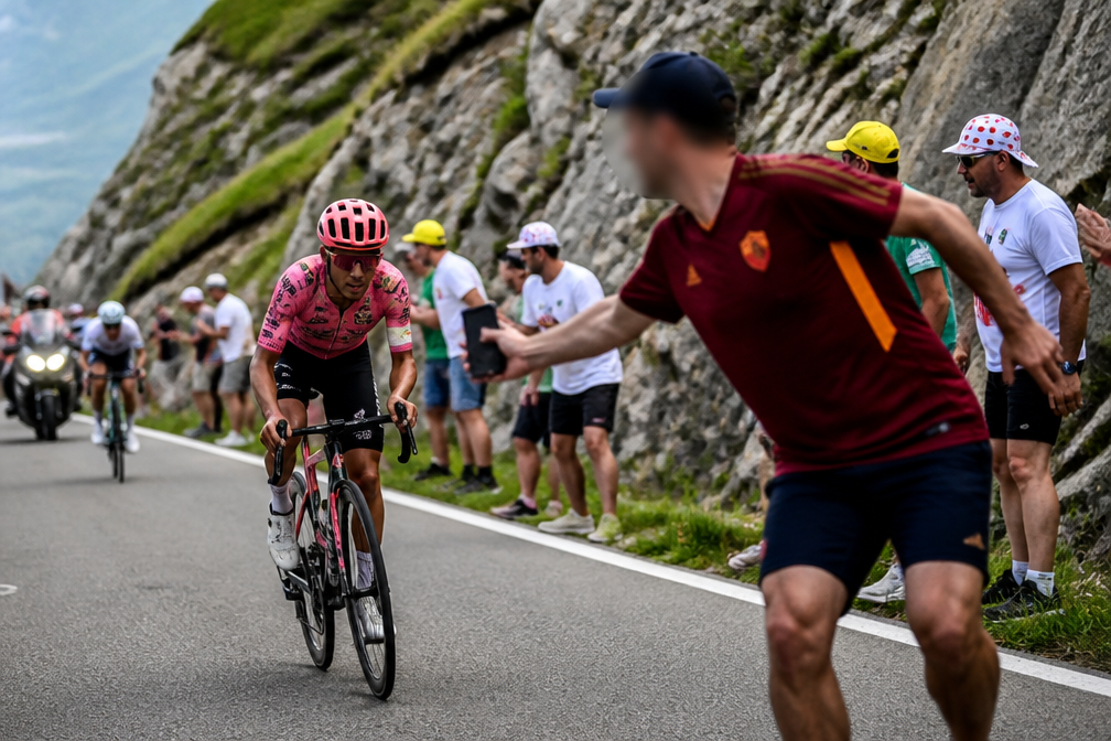 Toeschouwer brengt Richard Carapaz bijna ten val in 18e Touretappe