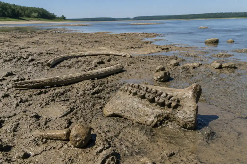 Lage waterstand Donau legt resten jonge mammoet bloot in Bulgarije